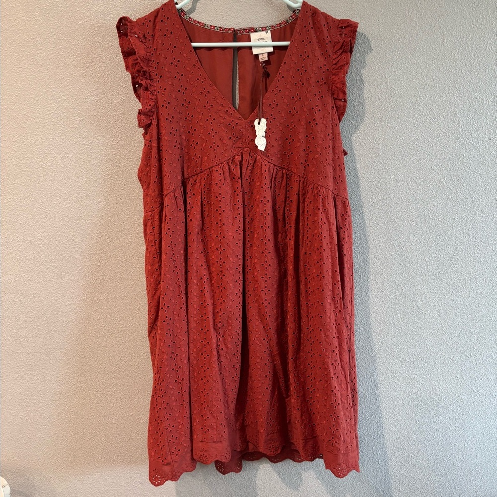 Rust Red Eyelet Dress with Ruffle Sleeves